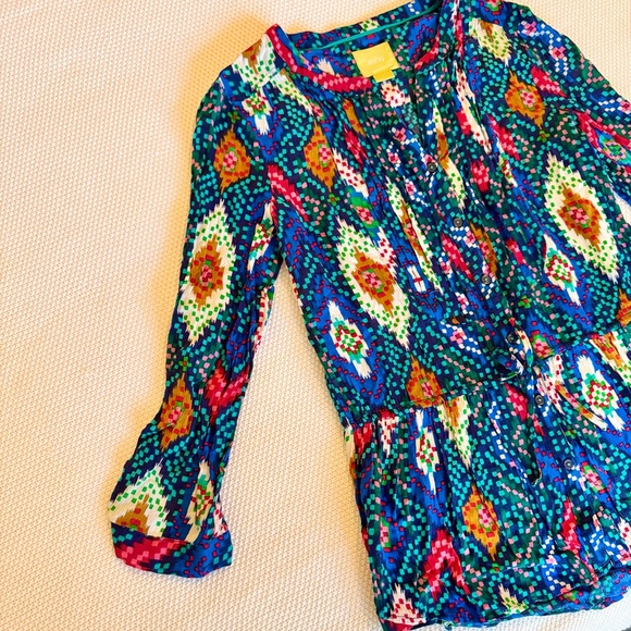 MAEVE Anthropologie Topoxte Drop Waist Geometric Ikat Multicolor Blouse Top - Picture 8 of 14